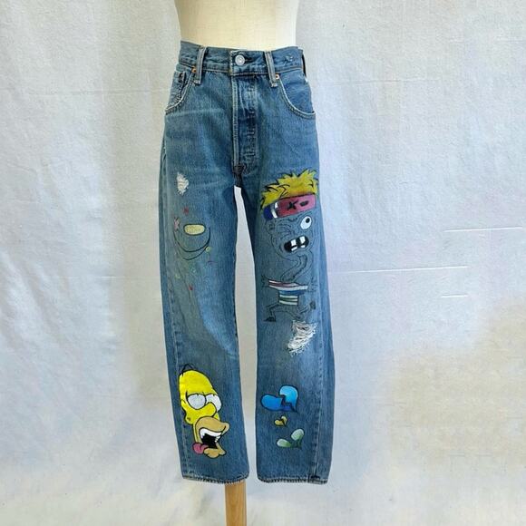Levi's 501 custom hand‎ painted cartoon graffiti high waist jeans size 32x30 - Picture 16 of 16